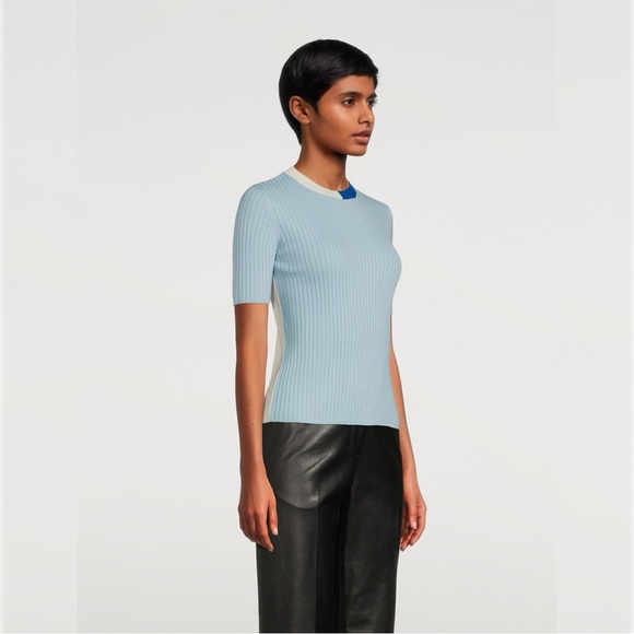 Akris Punto Virgin Wool Short Sleeve Sweater Womens US 14 Blue Cream Ribbed Crew - Picture 3 of 13